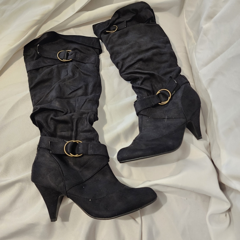 *SOLD* GoJane Black Suede Heeled Boots with Gold Buckles Size 10 NEW In Box